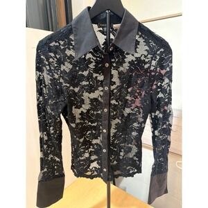 Bebe Vintage Black Floral Lace Button Down Shirt Sheer Lg Sleeve Top Medium USA